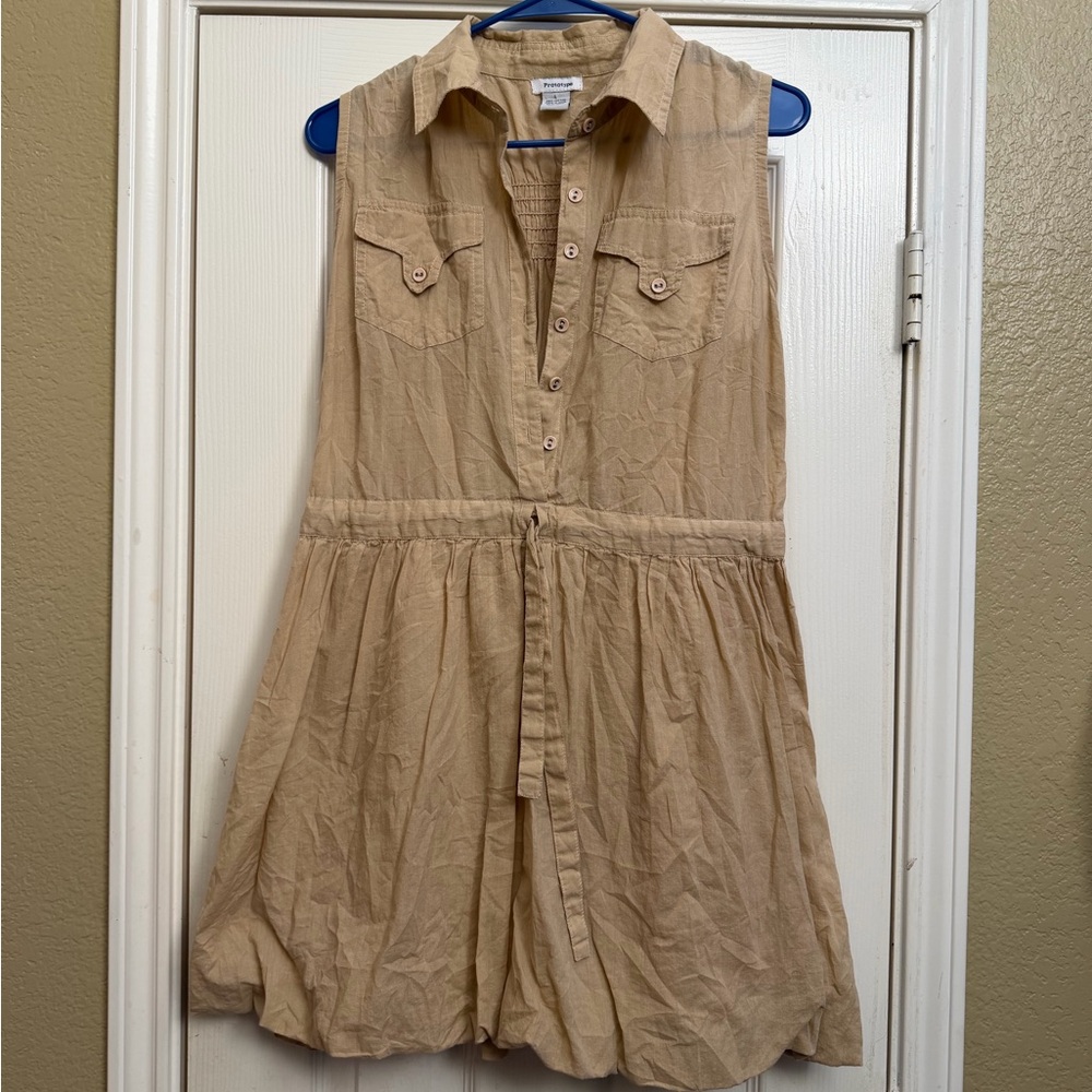 Prototype Sleeveless Button-Up Balloon Hem Shirtdress in Beige